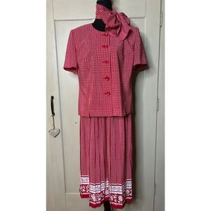 Vintage Leslie Fay Red White Polka Dot Floral Skirt Suit Set scarf Womens 14P‎